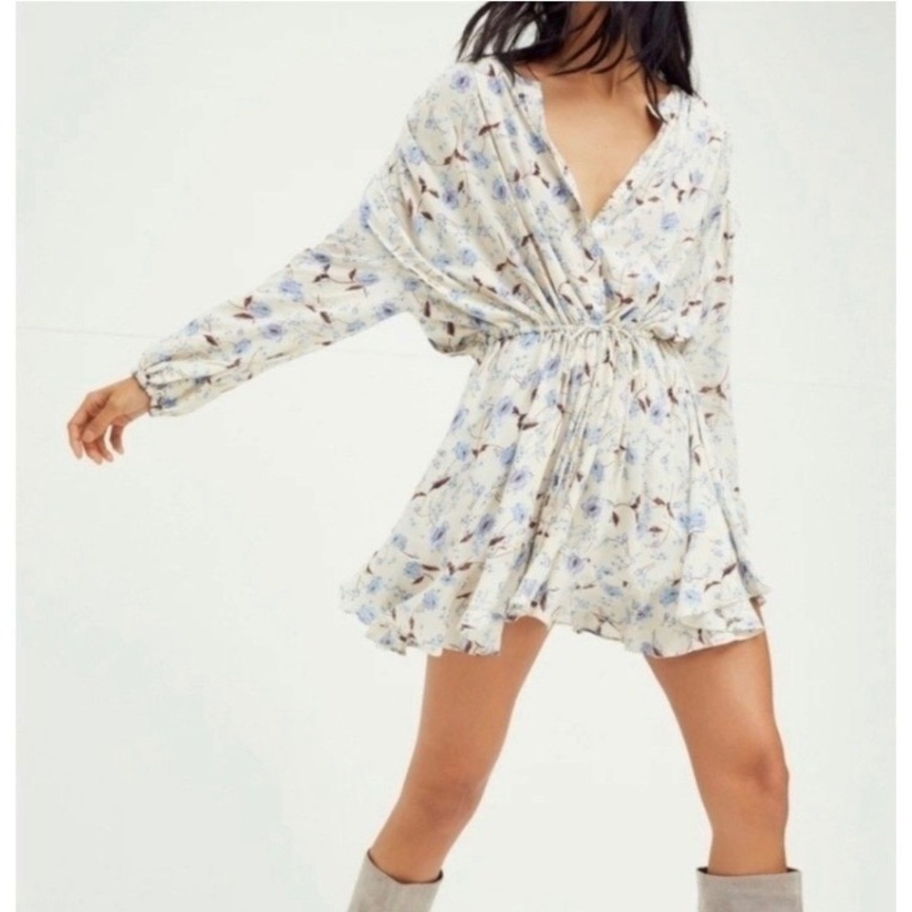 Free People Flower Print Mini Dress Womens M Cream Blue Boho Flowy Cottagecore